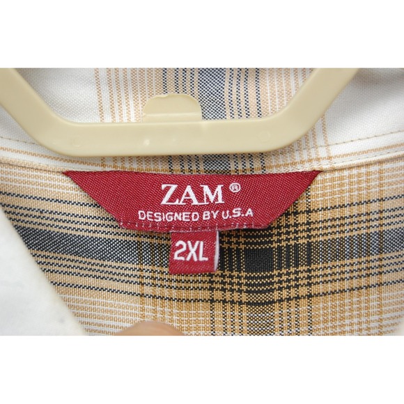 ZAM Shirt Mens 2XL Brown Beige Plaid Button‎ Up Short Sleeve Rayon Polyester - Picture 5 of 12